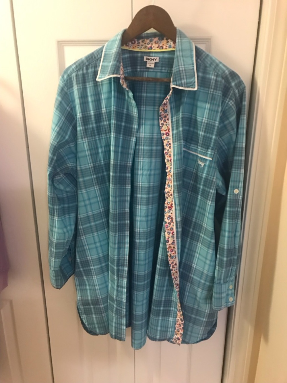 DKNY Teal and Turquoise Plaid Button-Up Shirt with Floral Trim